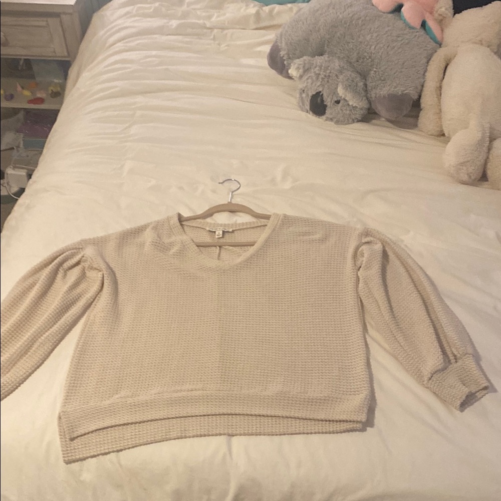 She + Sky Cream Crew Neck Sweater with Puff Sleeves